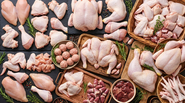 Variety of Raw Fresh Chicken Cuts and Offal on Dark Background