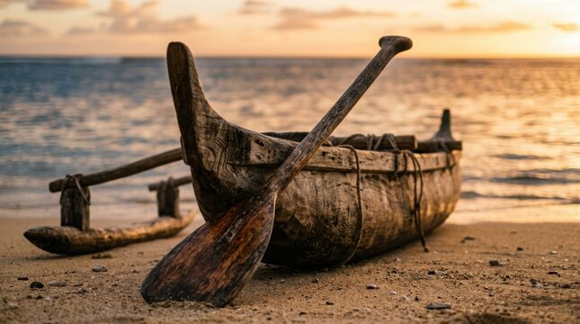 Traditional wooden outrigger canoe on sandy beach at sunset in Fiji. Tropical island coastline with ocean waves at dusk. Polynesian culture travel and adventure vacation concept.