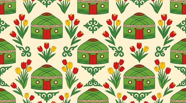 Traditional nomadic yurt pattern with colorful spring tulips