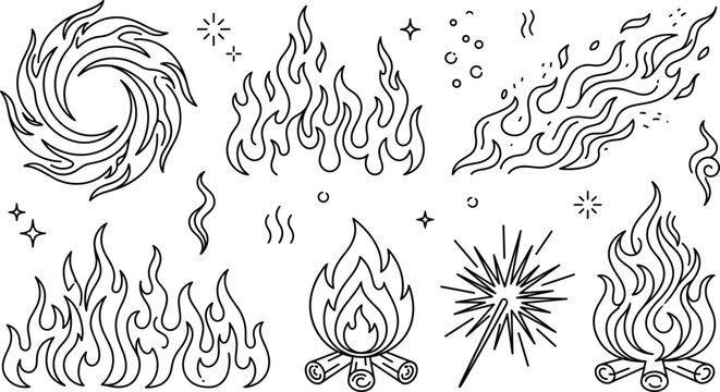 Fire flame bonfire and sparkler vector line art icon set with campfire blaze spark smoke spiral flame elements