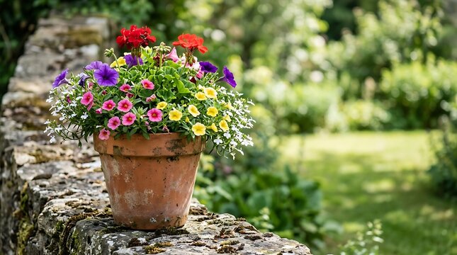 Colorful summer flowers in a clay pot on a rustic garden wall