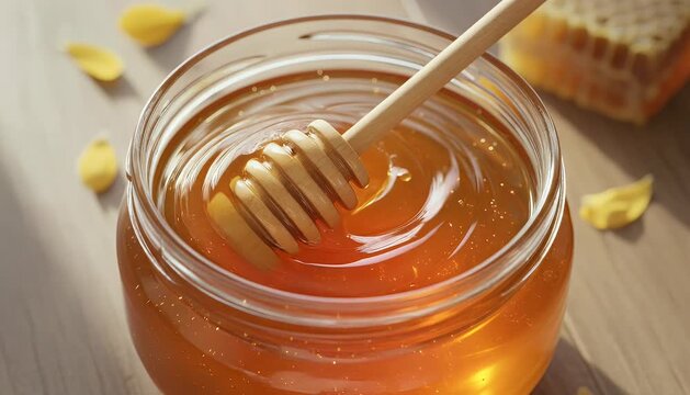 Golden sweet liquid natural food product stirred with wooden dipper