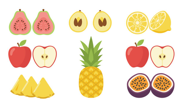 Selection of fresh tropical and common fruits like pineapple, apple, guava, and passion fruit sliced and whole in a flat style.