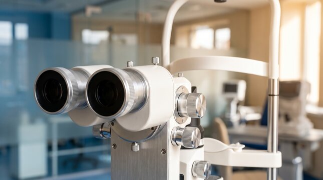 Ophthalmology. Close-up of a binocular slit lamp microscope in an eye clinic for detailed examination of the cornea and anterior eye structures