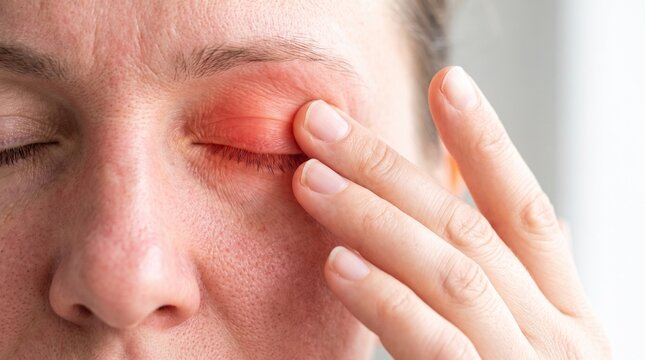 Ophthalmology. Close-up of a woman rubbing a red swollen eyelid affected by irritation, inflammation or eye infection