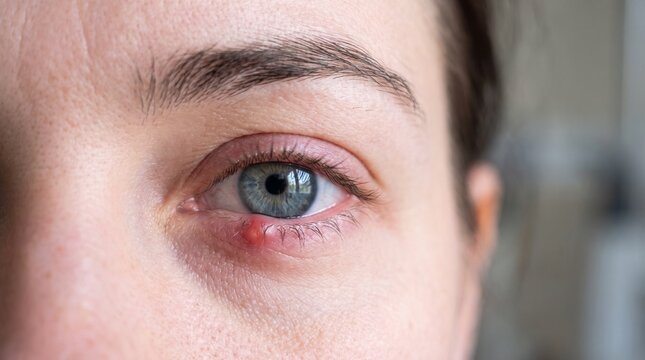 Ophthalmology. Close-up of a red painful bump on a woman&rsquo;s lower eyelid showing a stye or chalazion with swelling and inflammation