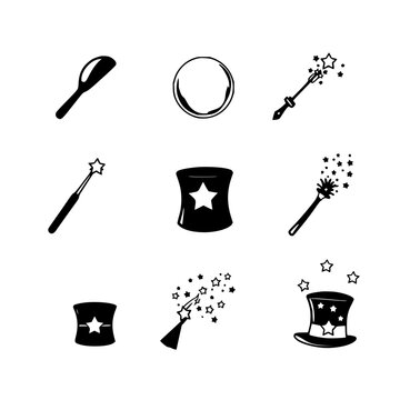Magical objects set with 9 black and white vector illustrations arranged in a 3x3 grid featuring wands, stars, and top hats with stars bursting out with crystal balls and wonder