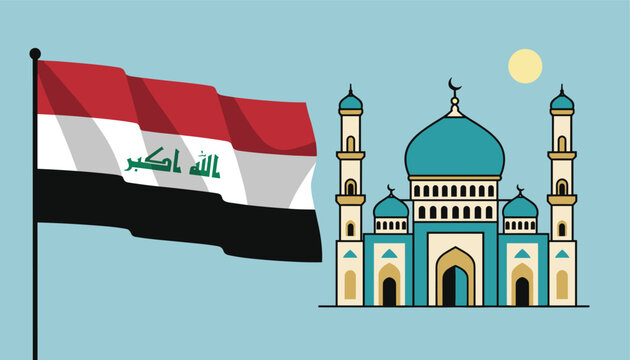 Flag of Iraq waving next to an illustration of a beautiful Islamic mosque with blue domes and minarets on a light blue sky.