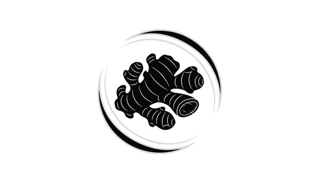 Graphic logo icon of a fresh ginger root inside a stylized circular frame with black and white artistic strokes.