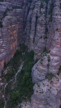 Aerial view from a drone of the La Pesquera landscape in the town of Beceite. Els Ports. Matarra&ntilde;a region. Province of Teruel. Autonomous Community of Aragon. Spain. Europe