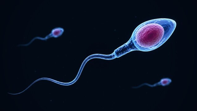 Isolated Human Sperm Cell Anatomy &ndash; Microscopic Medical Illustration on Black Background