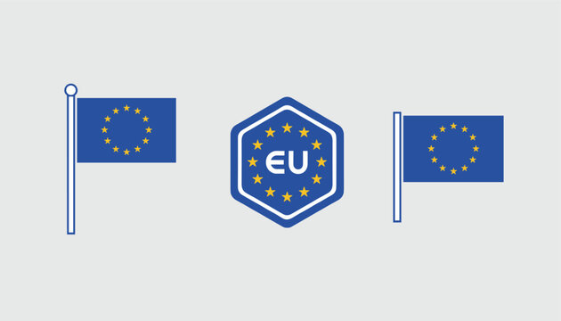 Set of European Union flag icons featuring a standard pole flag and a hexagonal emblem design on a clean light gray background.