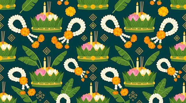 Seamless pattern with traditional thai loy krathong festival symbols