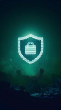 Cyan Neon Digital Protection Shield Levitating Over Misty Rocky Ground 3D Render