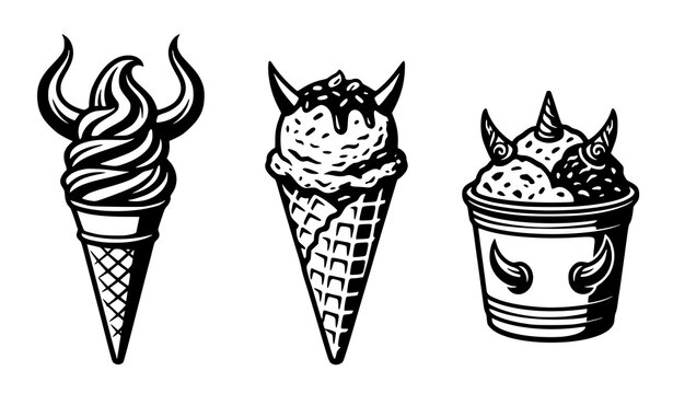 Fantasy Devil Horn Ice Cream Cones and Cup Dessert Black and White Vector Illustration Collection