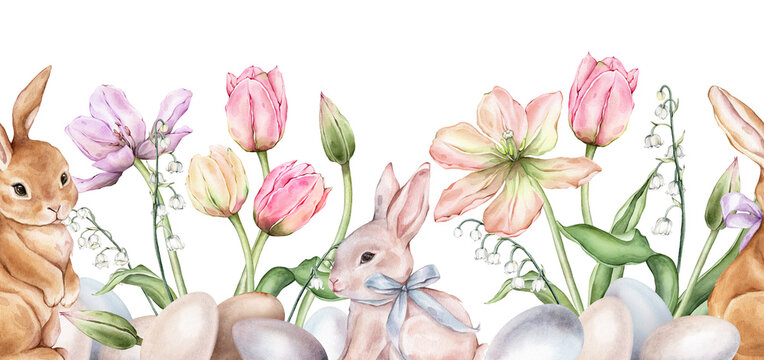 Seamless banner of Pastel pink light violet yellow bud Tulips and bunnies watercolor illustration isolated on background. Hand drawn spring flower and colour eggs for spring border and easter design