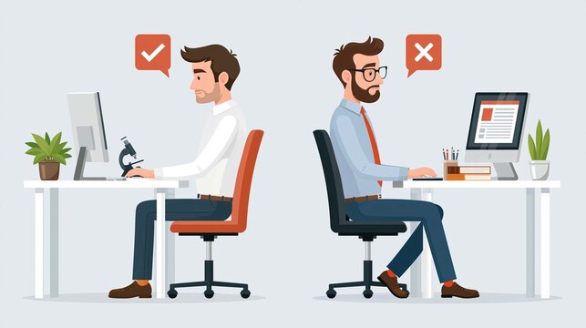 modern flat vector illustration showing correct and incorrect sitting posture at computer desk, workplace ergonomics, clean infographic style