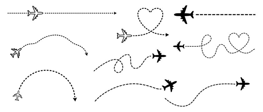 Collection of airplanes with dotted flight paths. airplane line illustrating different flight routes with dashed lines, curved, looping, and heart-shaped trajectories. Vector illustration.