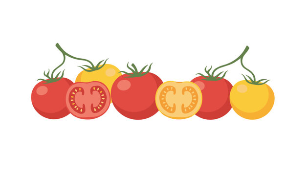 Group of fresh red and yellow tomatoes on a vine, including whole tomatoes and halved cross-sections for culinary branding.
