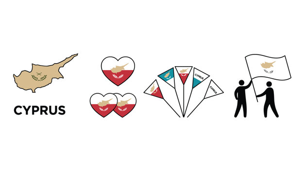 Collection of symbols related to Cyprus including the national map, flags in hearts, pennants, and people holding a flag.