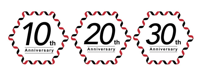 赤と黒の波型リボンフレームで飾られた10周年、20周年、30周年の周年記念ロゴイラストセット アニバーサリー © Elsie