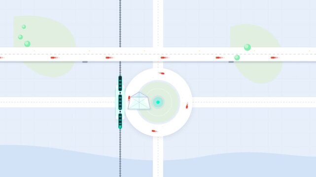 Top down animation of a train moving through a city intersection map