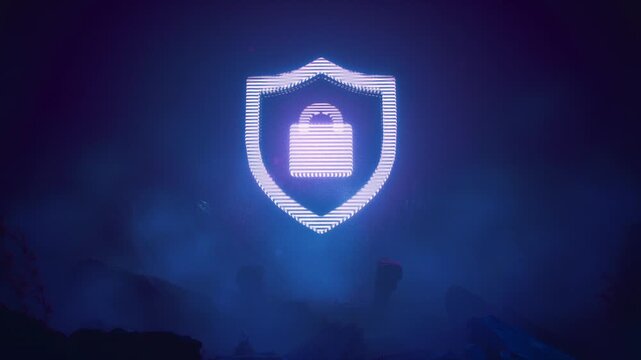 Cyber Security Shield Hologram With Padlock Icon Glowing In Dark Cavern Loop