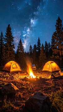 A serene night camping scene with tents illuminated by a campfire under a starry sky.