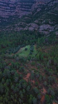 Aerial drone view of the Barranco dels Notaris landscape in the town of Beceite, Els Ports, Matarra&ntilde;a region, Teruel province, Aragon, Spain, Europe