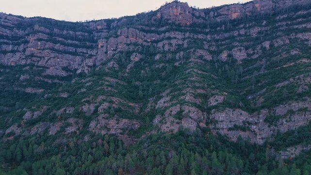 Aerial drone view of the Barranco dels Notaris landscape in the town of Beceite, Els Ports, Matarra&ntilde;a region, Teruel province, Aragon, Spain, Europe
