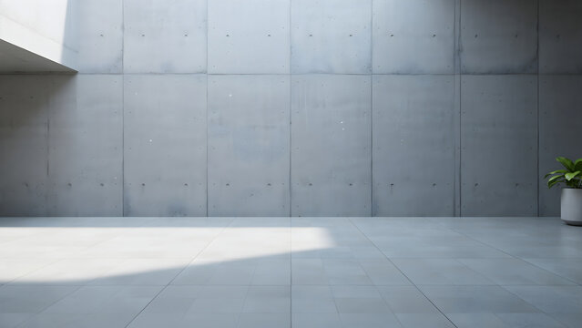 Modern empty room with grey concrete wall and floor with a small green plant in a corner for minimalist interior design
