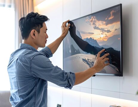 A man in a denim shirt adjusts a large flat-screen TV mounted on a white wall.