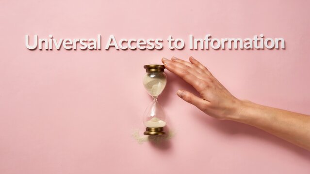Concepts of information accessibility and knowledge sharing represented by a hand touching an hourglass over a pink background