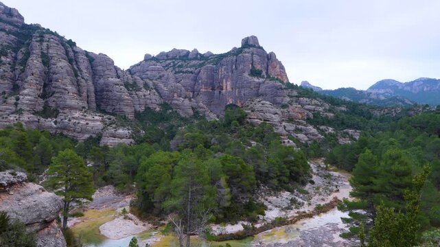Aerial view from a drone of the La Pesquera landscape in the town of Beceite. Els Ports. Matarra&ntilde;a region. Province of Teruel. Autonomous Community of Aragon. Spain. Europe