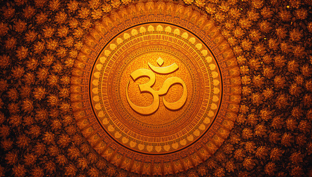 Golden om spiritual symbol set against textured mandala backdrop with spiritual meditation religion hinduism buddhism spirituality background textured meditate oriental tradition decorative
