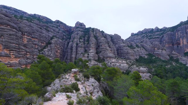 Aerial view from a drone of the La Pesquera landscape in the town of Beceite. Els Ports. Matarra&ntilde;a region. Province of Teruel. Autonomous Community of Aragon. Spain. Europe