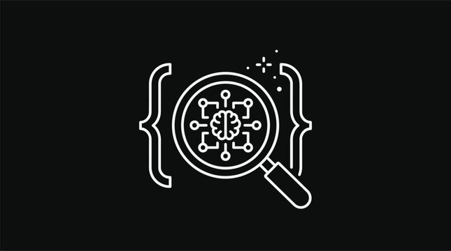 White linear icon featuring a magnifying glass examining a neural network brain circuit inside programming curly brackets representing artificial intelligence software code debugging and data analysis