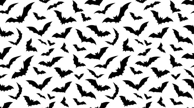 Seamless pattern with black bats isolated on white background