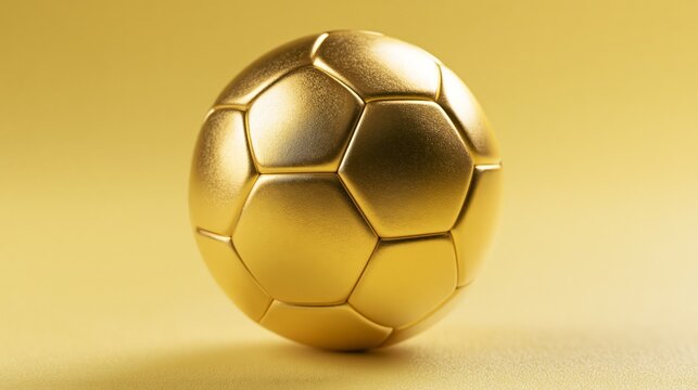 Golden football on a clean yellow background with minimalist styling, symbolizing victory, championship, sporting excellence, competition, and premium soccer branding with ample copy space.