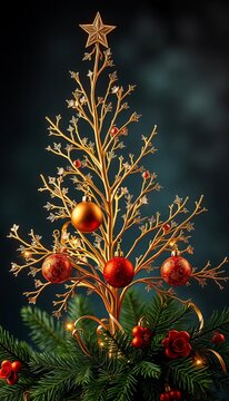 Elegant gold and EPS Christmas tree decoration with delicate branches and ornaments, eps, season