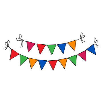 Colorful paper bunting flags strung in a festive garland. Decorative triangular pennant banner for parties and celebrations.