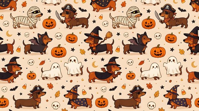 Seamless pattern with cute dachshund dogs in halloween costumes