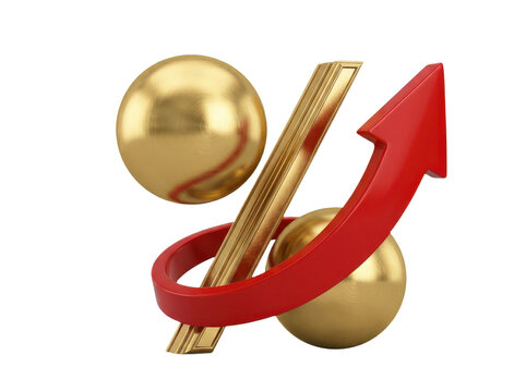 Abstract golden percentage symbol with spheres and curved red arrow.