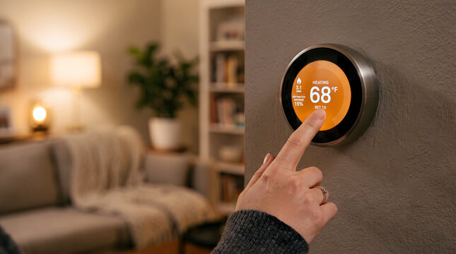 Thermostat controls the indoor temperature of a modern home with a simple touch of a finger.