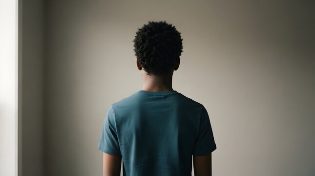 Minimalist portrait of young man from behind, rear view of male in blue t-shirt against neutral wall, cinematic lighting on person facing away