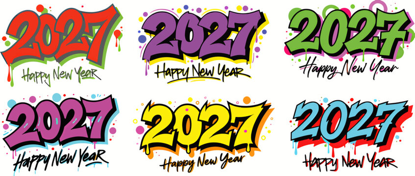 Graffiti 2027 Happy New Year vector set, urban street art style typography with paint drips, colorful 2027 calendar year logos for party posters