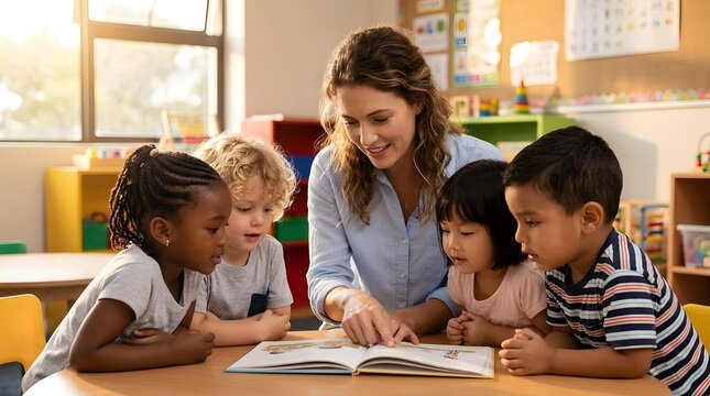 Smiling female teacher reading book with diverse preschool children, group of young students learning in sunny classroom, early childhood education concept