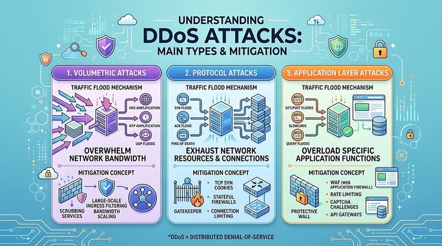 Infographic explaining ddos attack types and mitigation methods
