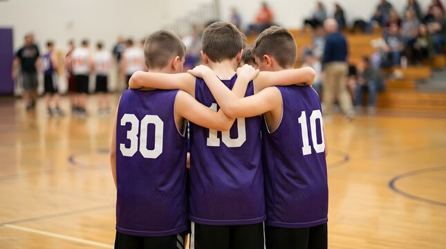 Youth basketball team huddle in purple jerseys, young boys hugging on indoor court, sportsmanship and teamwork concept during school game