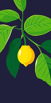 Stylized yellow guava with green outline leaves and stem in flat vector design, simple, nature